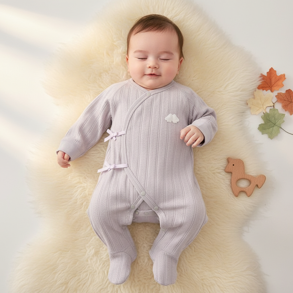 Pyjama bébé Papillôn™ couleur lavande bébé allongé texture micro-densité rayures verticales jouet en bois feuilles automne