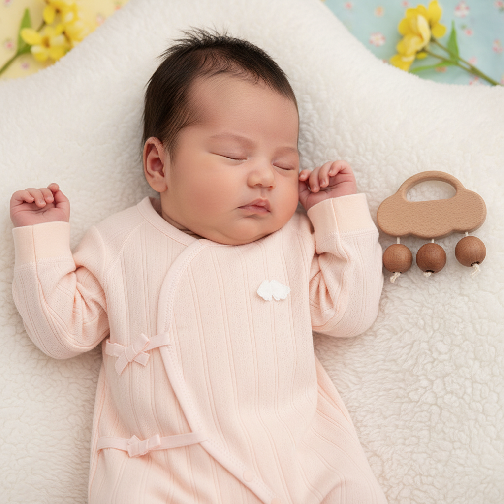 Pyjama bébé Papillôn™ couleur rose pastel nouveau-né allongé broderie nuage ruban latéral coutures sans os peaux sensibles