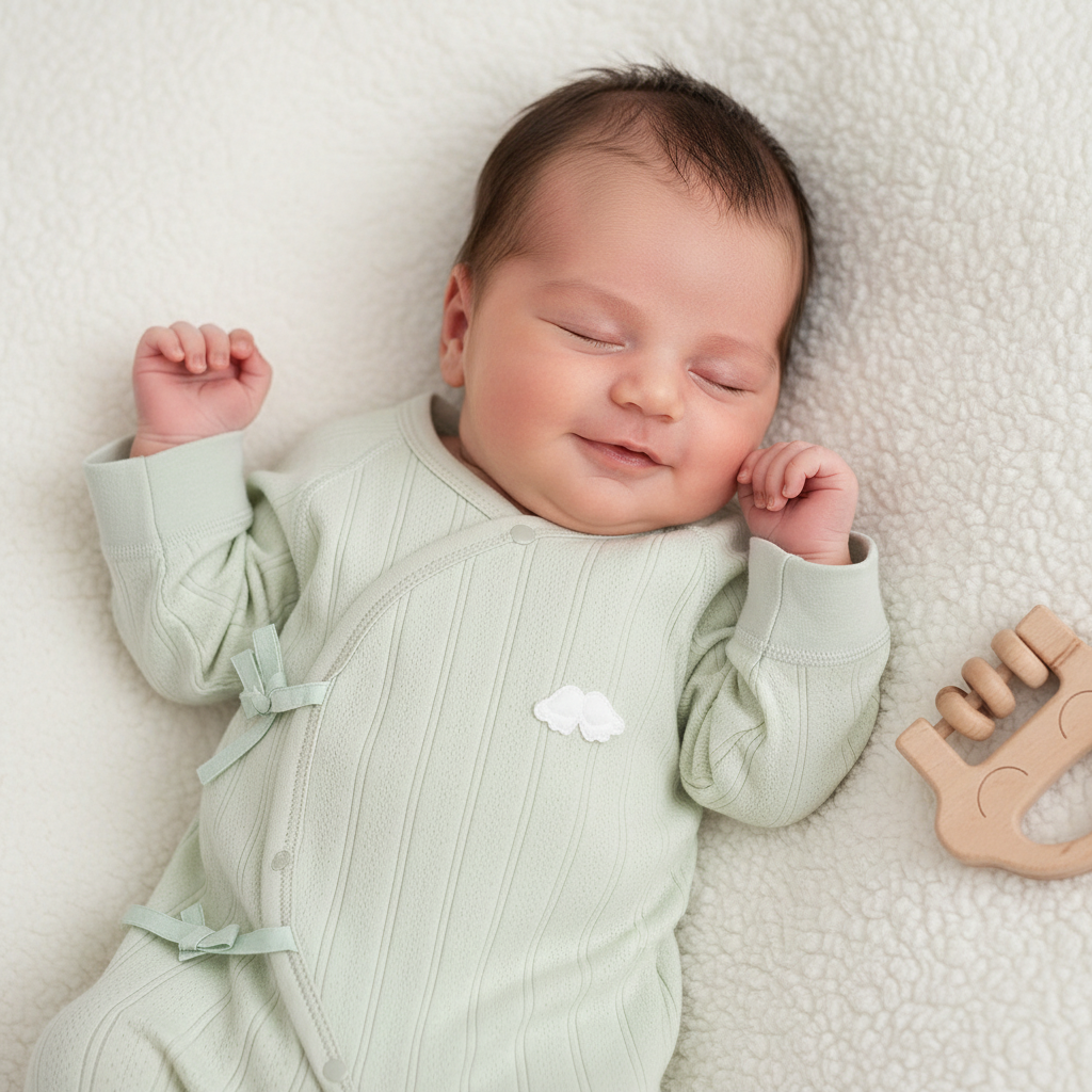 Pyjama bébé Papillôn™ couleur vert pastel nouveau-né allongé broderie nuage ruban latéral coutures sans os peaux sensibles