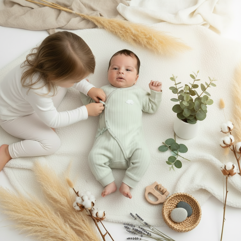 Pyjama bébé Papillôn™ porté par un bébé entouré de sa famille dans une ambiance printanière douce et lumineuse