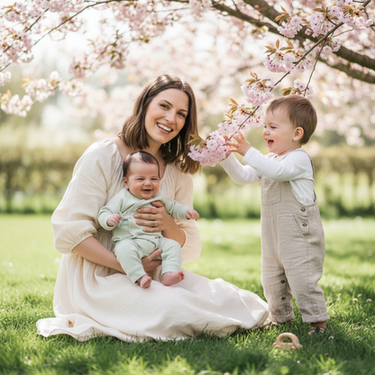 Pyjama bébé Papillôn™ porté par un nouveau-né allongé aux côtés de sa grande sœur sur couverture moelleuse