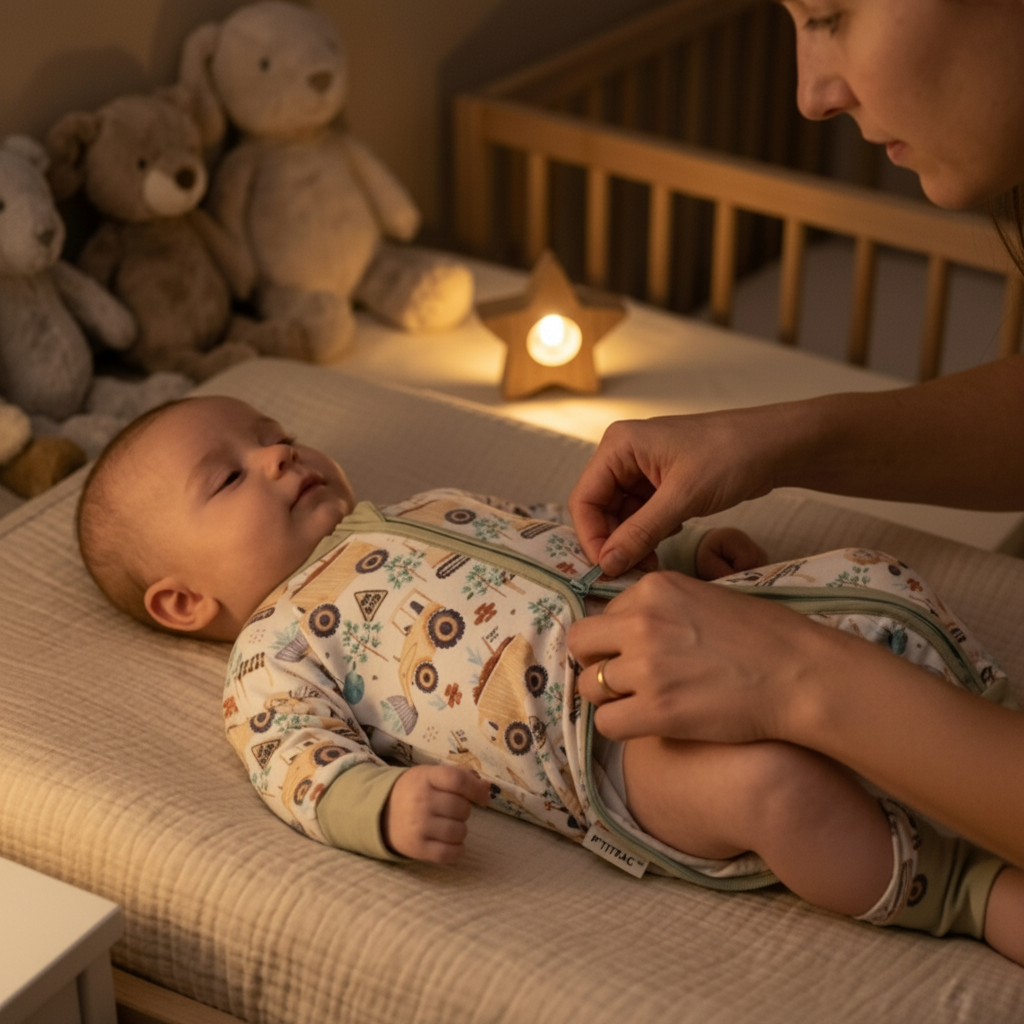 Pyjama bébé confortable à fermeture zippée motif doux, bébé allongé pendant le change de nuit avec lumière tamisée et ambiance rassurante dans chambre cocooning