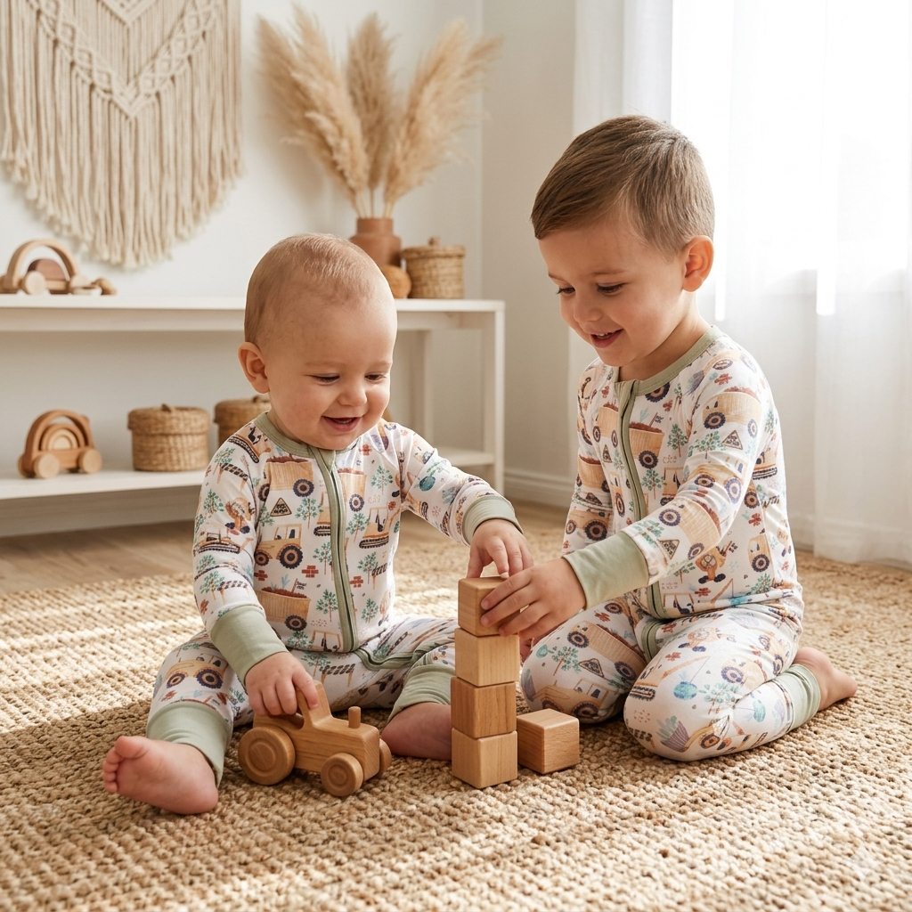 Pyjama bébé assorti en coton bio pour enfants, deux bébés jouant avec jouets en bois dans une chambre minimaliste boho favorisant éveil et motricité fine