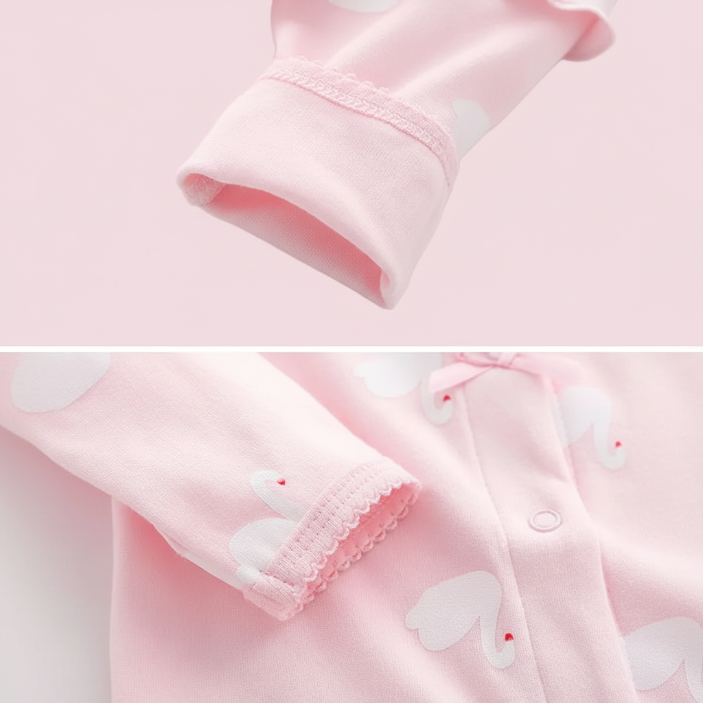 Pyjama bébé fille ROSWAN™ – gros plan poignets côtelés coton rose doux