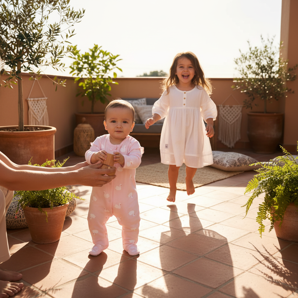 Pyjama bébé fille ROSWAN™ – lifestyle terrasse avec sœurs combinaison cygne