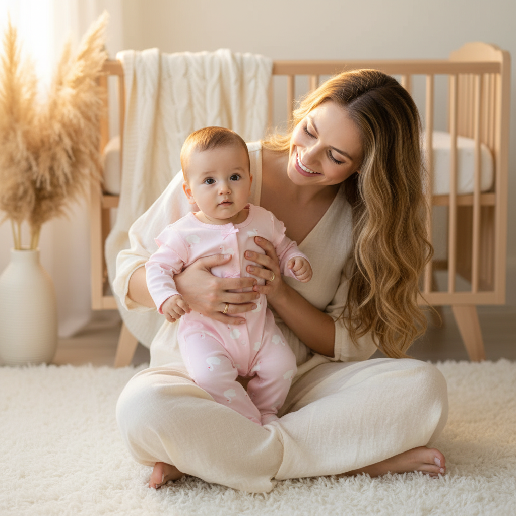 Pyjama bébé fille ROSWAN™ – maman assise avec bébé en combinaison rose boho