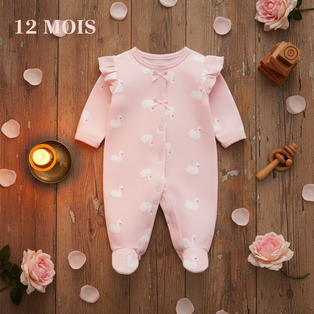 Pyjama bébé fille ROSWAN™ – taille 12 mois combinaison cygne rose pieds intégrés