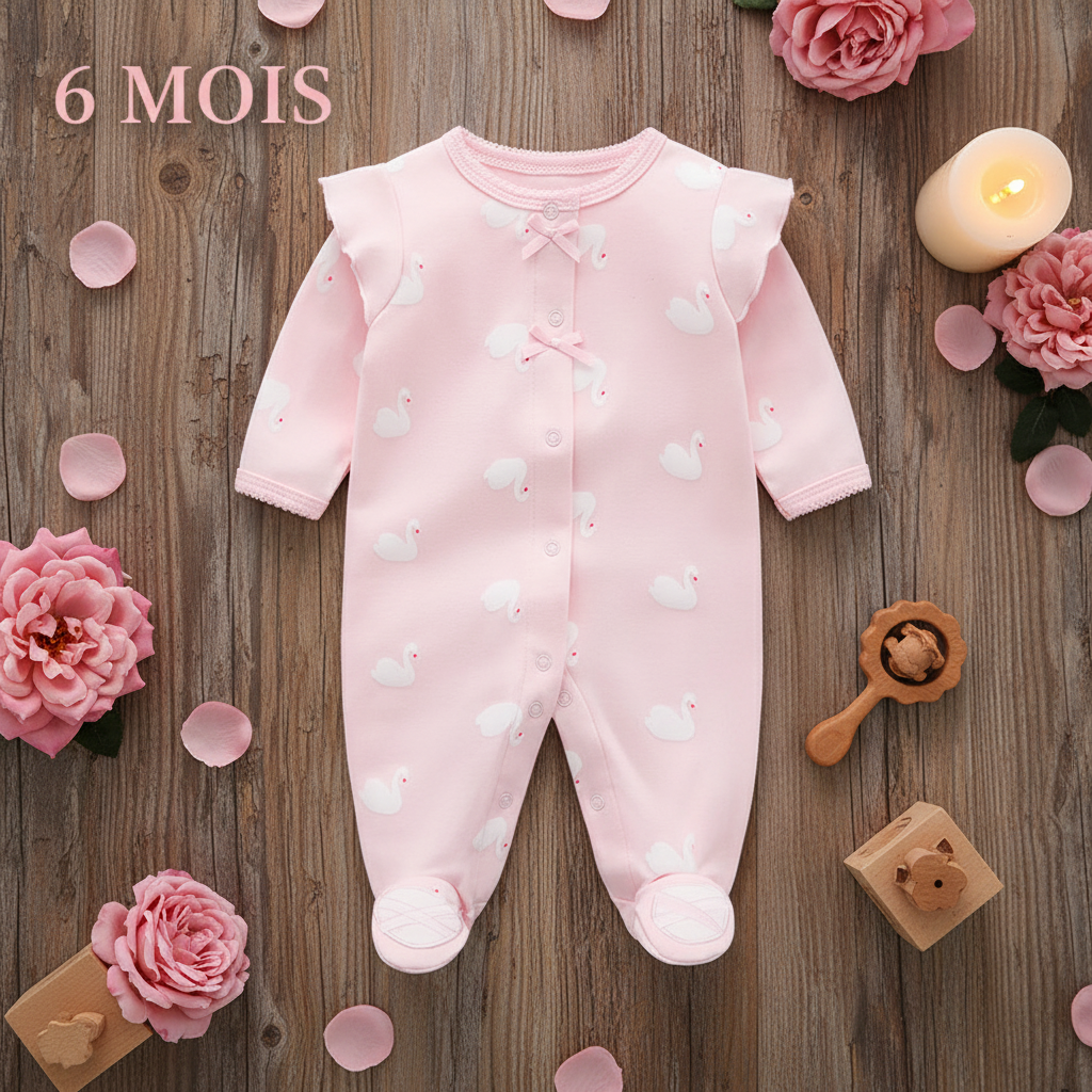 Pyjama bébé fille ROSWAN™ – taille 6 mois combinaison cygne rose pieds intégrés