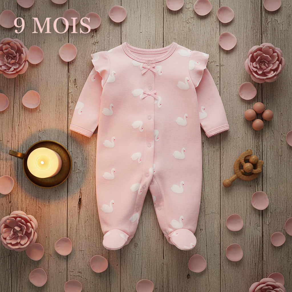 Pyjama bébé fille ROSWAN™ – taille 9 mois combinaison cygne rose pieds intégrés