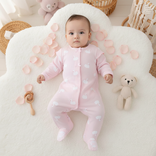 Pyjama bébé fille ROSWAN™ – vue de haut combinaison cygne rose pieds intégrés