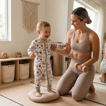 pyjama bébé imprimé coton bio motif véhicules, bébé souriant apprenant à marcher avec sa maman en tenue sport dans une chambre bébé style boho chic lumineuse