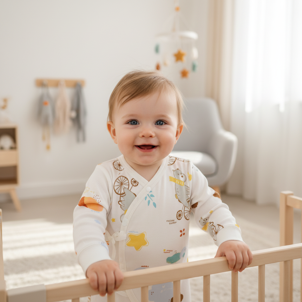 Pyjama bébé sans pied coton doux imprimé ours cycliste, bébé souriant en décor scandinave bois clair