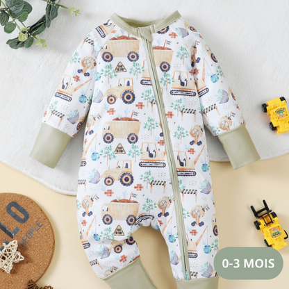 Pyjama bébé 0-3 mois motif chantier avec fermeture zippée, tissu doux et confortable pour nouveau-né au quotidien