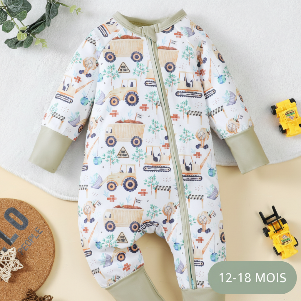Pyjama bébé 12-18 mois motif chantier avec fermeture zippée, tissu doux et confortable pour nouveau-né au quotidien