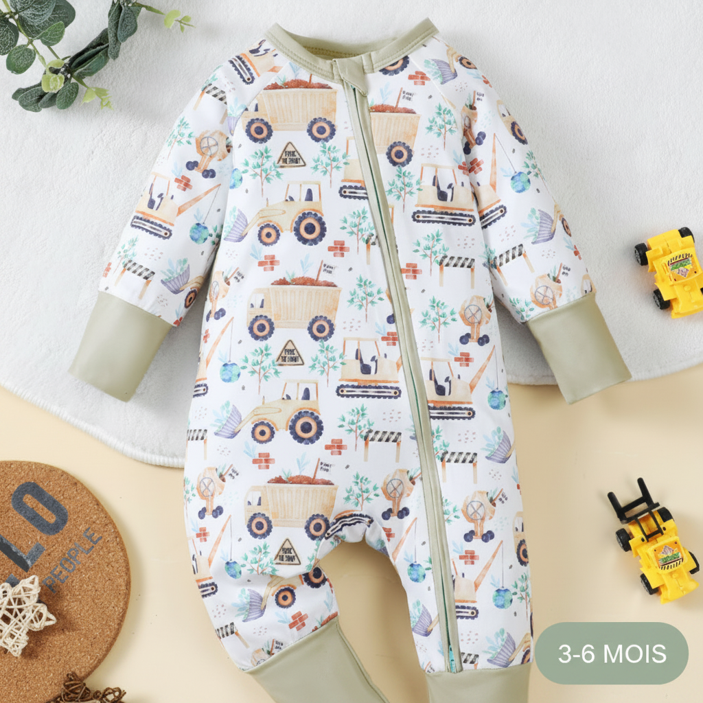 Pyjama bébé 3-6 mois motif chantier avec fermeture zippée, tissu doux et confortable pour nouveau-né au quotidien