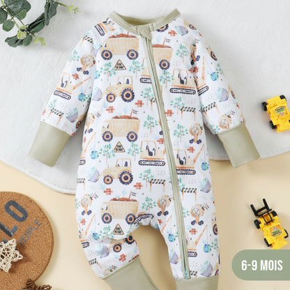 Pyjama bébé 6-9 mois motif chantier avec fermeture zippée, tissu doux et confortable pour nouveau-né au quotidien
