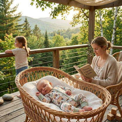 Pyjama bébé motif chantier porté par un nourrisson endormi dans un couffin en rotin style bohème, ambiance naturelle et apaisante