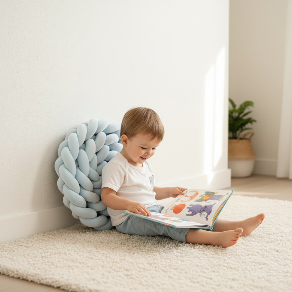 Réducteur de lit AZURIN™ – enfant assis dos au mur avec tresse 3 brins bleu ice comme dossier, lit de lecture cosy, usage polyvalent