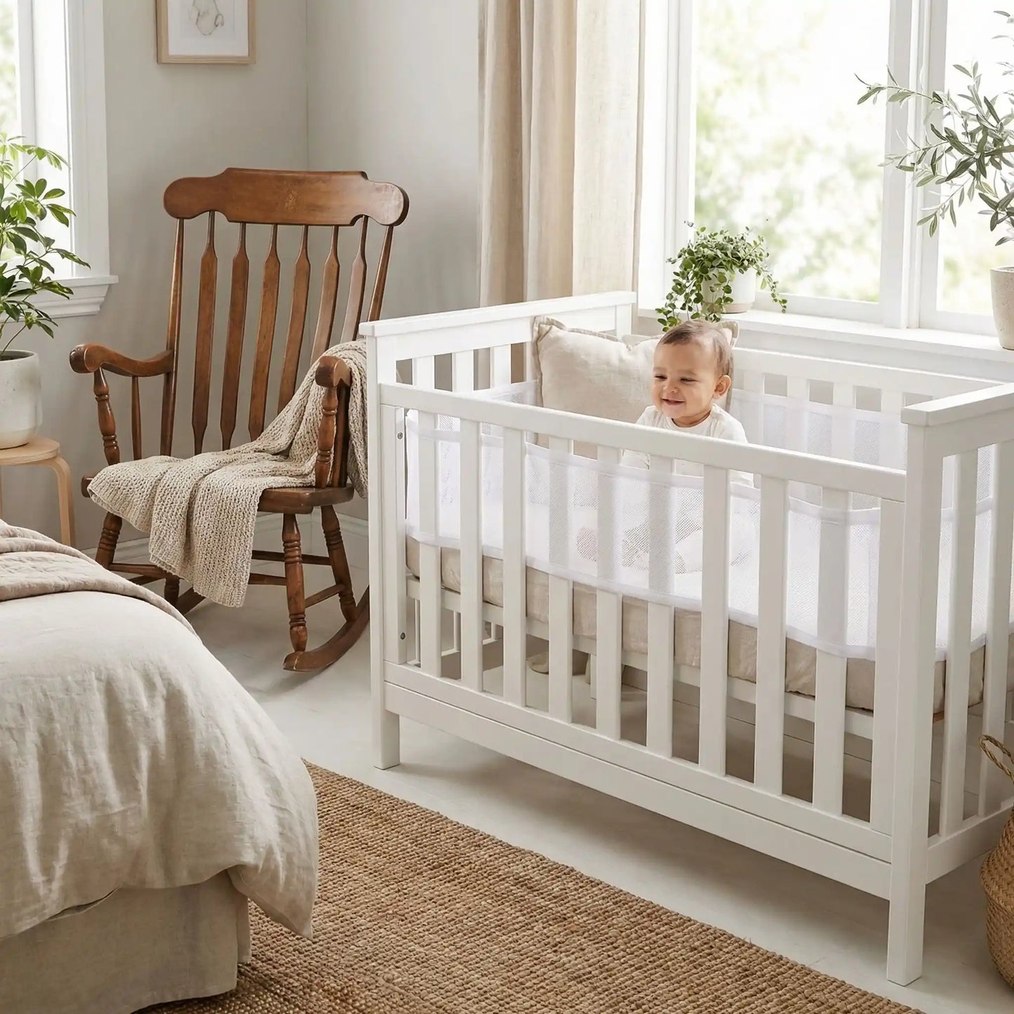 Tour de lit bébé transparent et respirant FLEURISSON installé sur lit à barreaux blanc