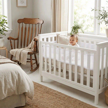 Tour de lit bébé transparent et respirant FLEURISSON installé sur lit à barreaux blanc