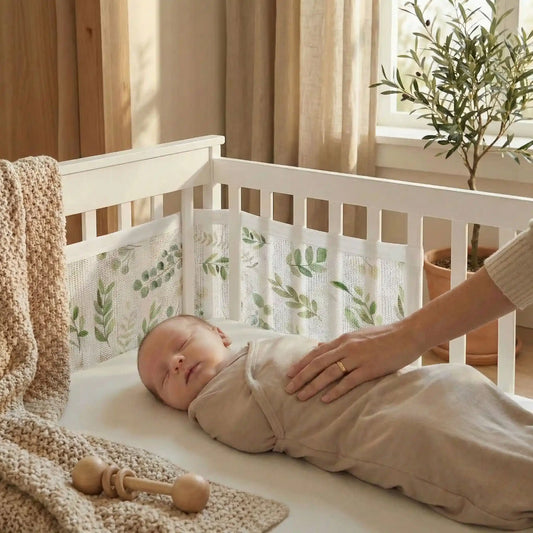 Le tour de lit en maille transparente à motifs en feuilles permet de surveiller facilement le bébé, qui dort paisiblement emmailloté dans un lit à barreaux blanc, tout en offrant sécurité et confort.