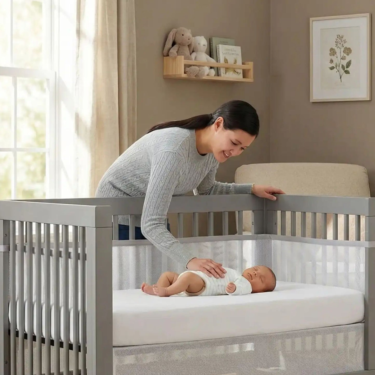 Tour de lit blanc et sécurisé, entourant un bébé endormi paisiblement, sous le regard tendre et souriant de ses parents dans une ambiance lumineuse et sereine.