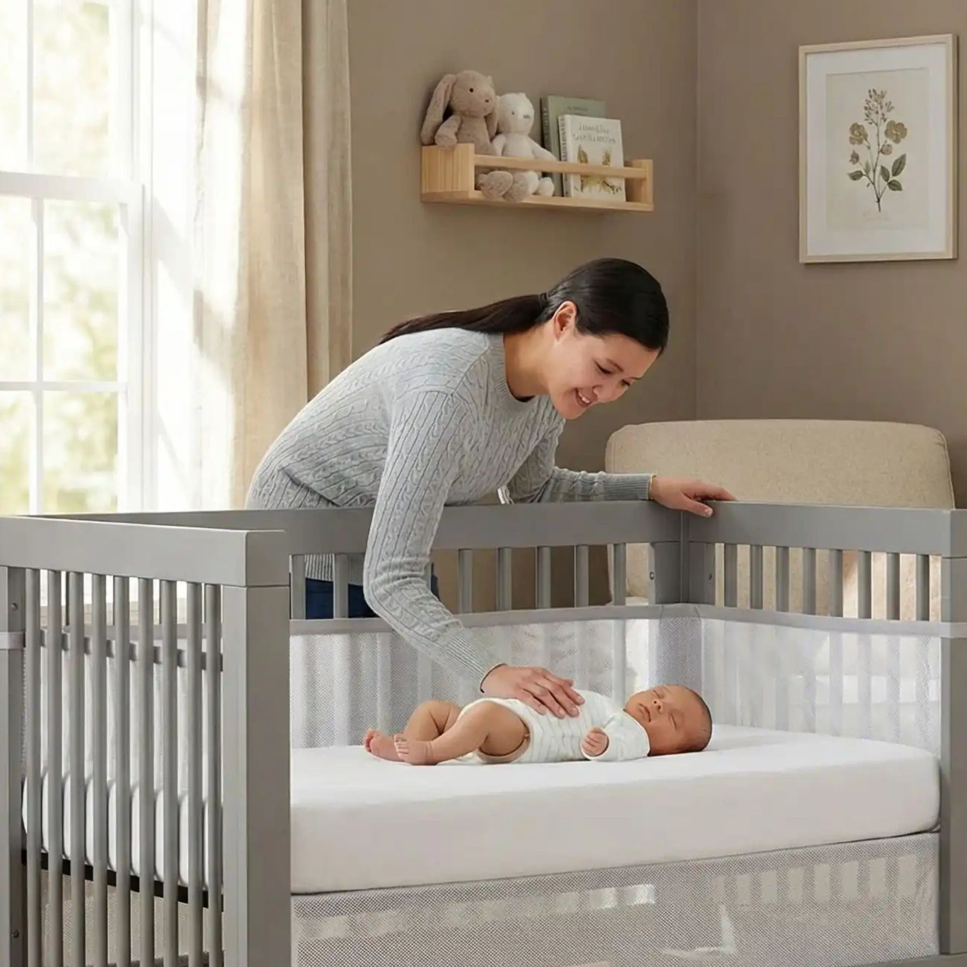 Tour de lit blanc et sécurisé, entourant un bébé endormi paisiblement, sous le regard tendre et souriant de ses parents dans une ambiance lumineuse et sereine.