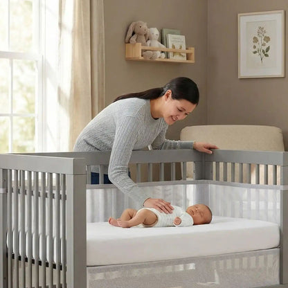 Tour de lit blanc et sécurisé, entourant un bébé endormi paisiblement, sous le regard tendre et souriant de ses parents dans une ambiance lumineuse et sereine.