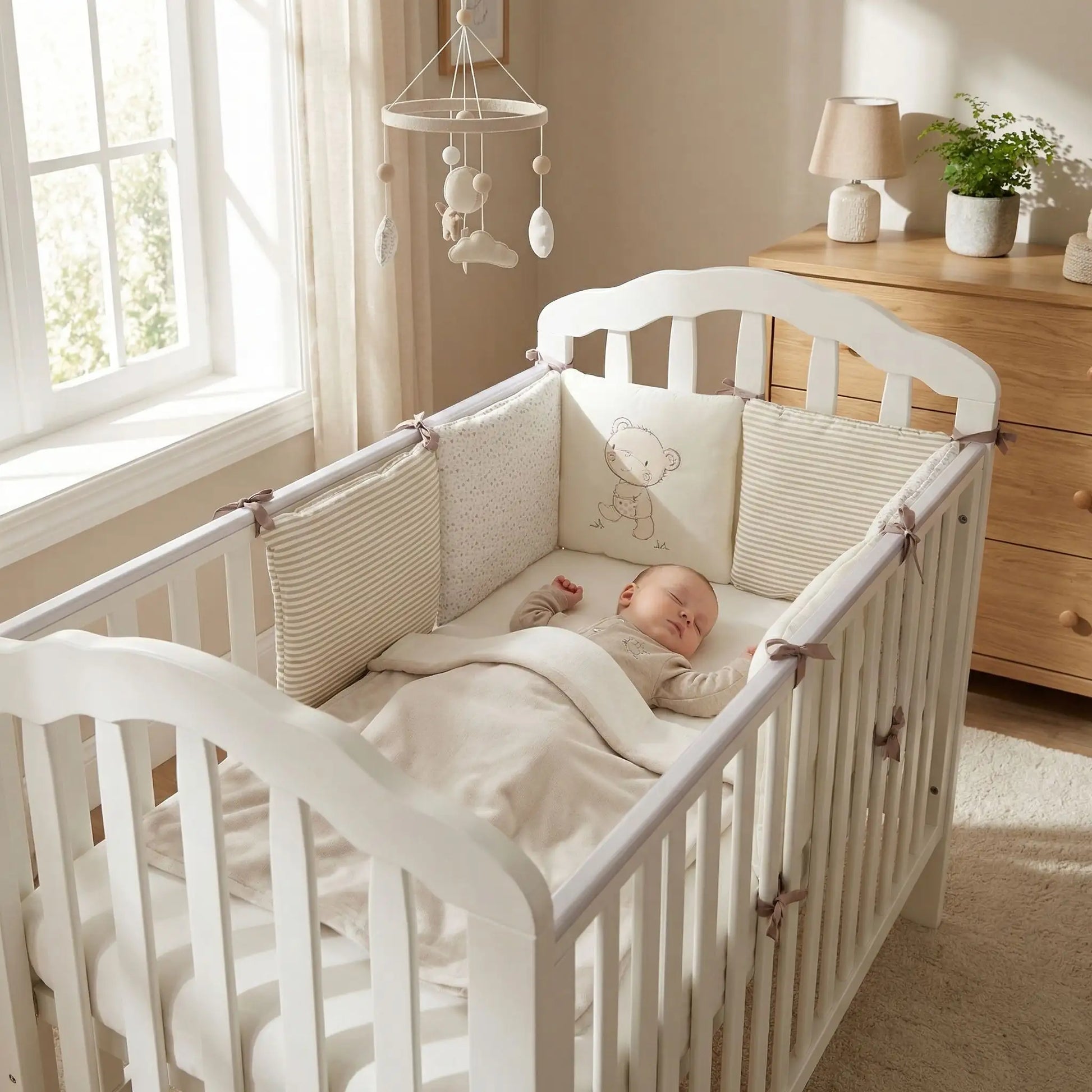 Bébé confortablement endormis dans son lit avec tour de lit rembourré motif ourson rayures sécurité