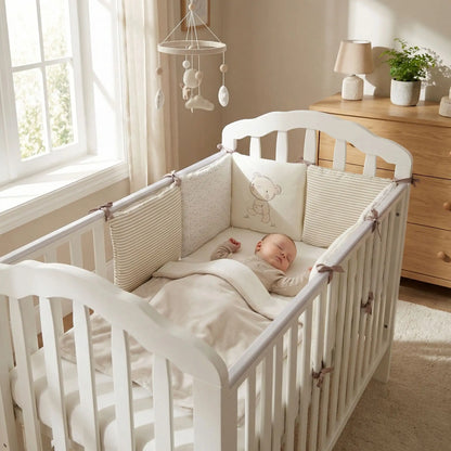Bébé confortablement endormis dans son lit avec tour de lit rembourré motif ourson rayures sécurité