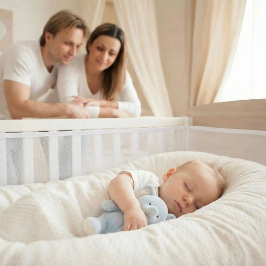 Un nourrisson confortablement installé dans un berceau équipé d’un tour de lit respirant blanc, conçu pour garantir sécurité et bien-être.