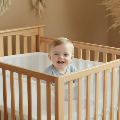 Tour de lit bébé avec Un nourrisson confortablement installé dans un berceau équipé d’un tour de lit respirant blanc, conçu pour garantir sécurité et bien-être.