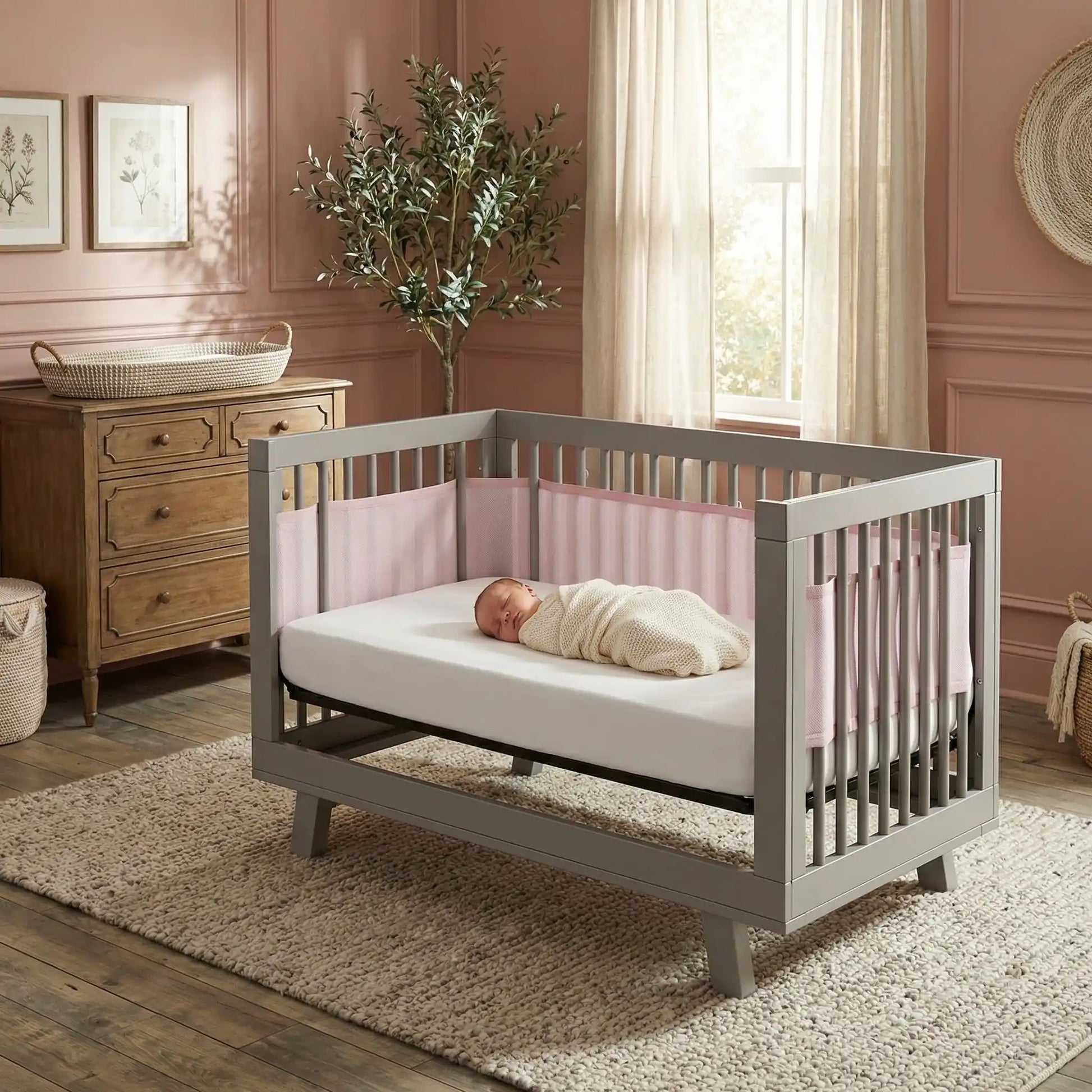 Tour de lit respirant rose installé dans un berceau gris moderne, offrant confort et sécurité pour bébé.