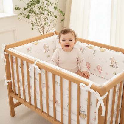 Tour de lit bébé Fabul'Air™ — bébé paisible dans le lit avec le tour de lit respirant installé