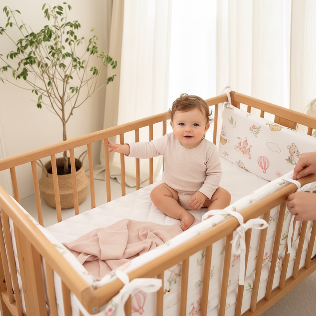 Tour de lit bébé Fabul'Air™ — installation facile, bébé assis dans le berceau, bras protégé des barreaux