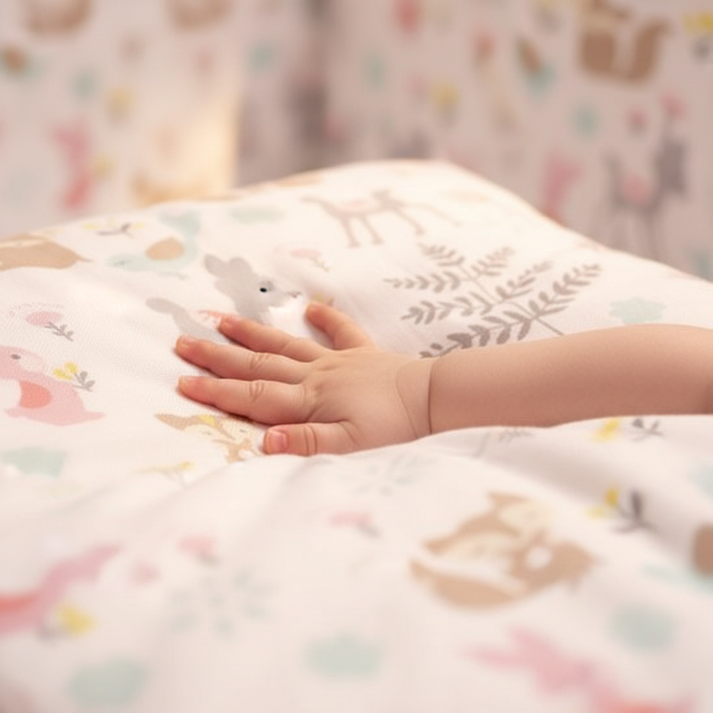 Tour de lit bébé doux respirant détail tissu coton motifs animaux pastels
