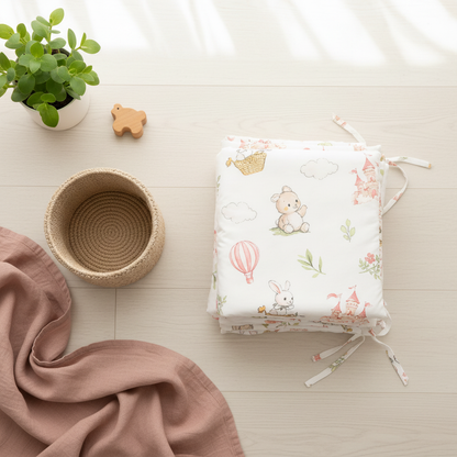 Tour de lit bébé Fabul'Air™ — panneaux modulaires pliés et rangés dans une corbeille, facile à ranger