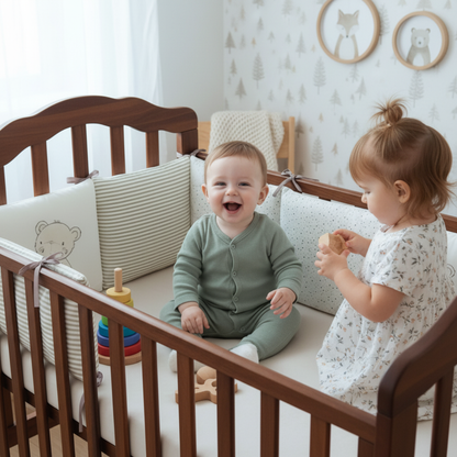 Tour de lit bébé rembourré motifs oursons et rayures — bébé assis en sécurité, détail coussins
