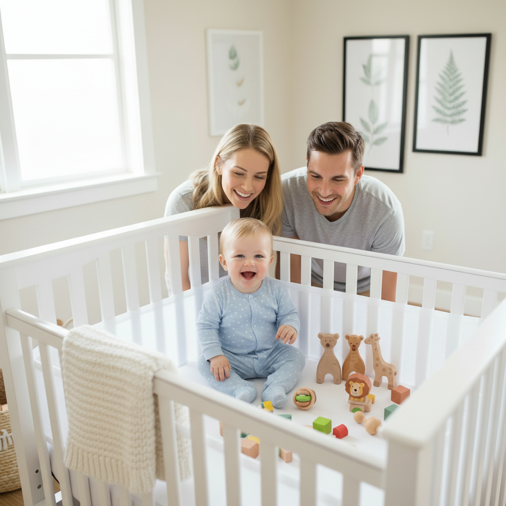 Tour de lit bébé avec Bébé souriant assis dans un berceau blanc avec tour de lit respirant, entouré de jouets en bois naturels, sous le regard tendre de ses parents dans une chambre nordique lumineuse