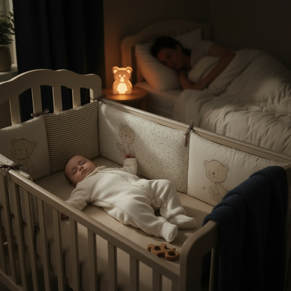 Tour de lit bébé oursons rayures — protection rembourrée, confort et sécurité pour nourrisson