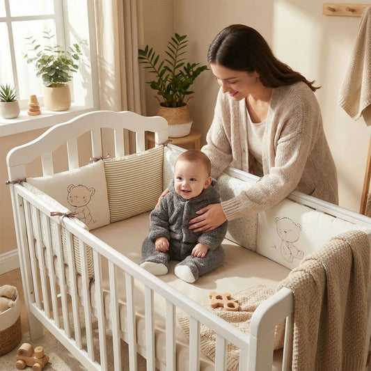 Dans un lit , bébé assis avec tour de lit rembourré, motifs oursons et rayures, assurant confort et sécurité. Avec détails des coussins.
