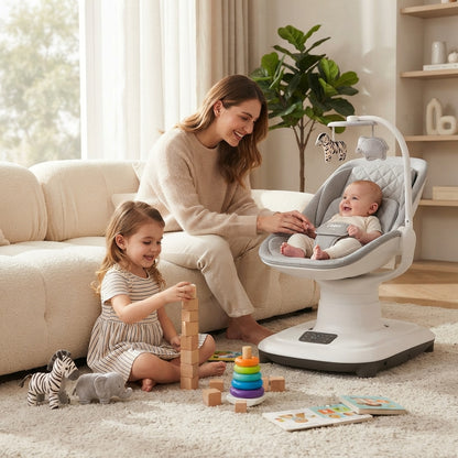 Transat pour bébé dans le salon pour un moment en famille avec petite soeur et maman.