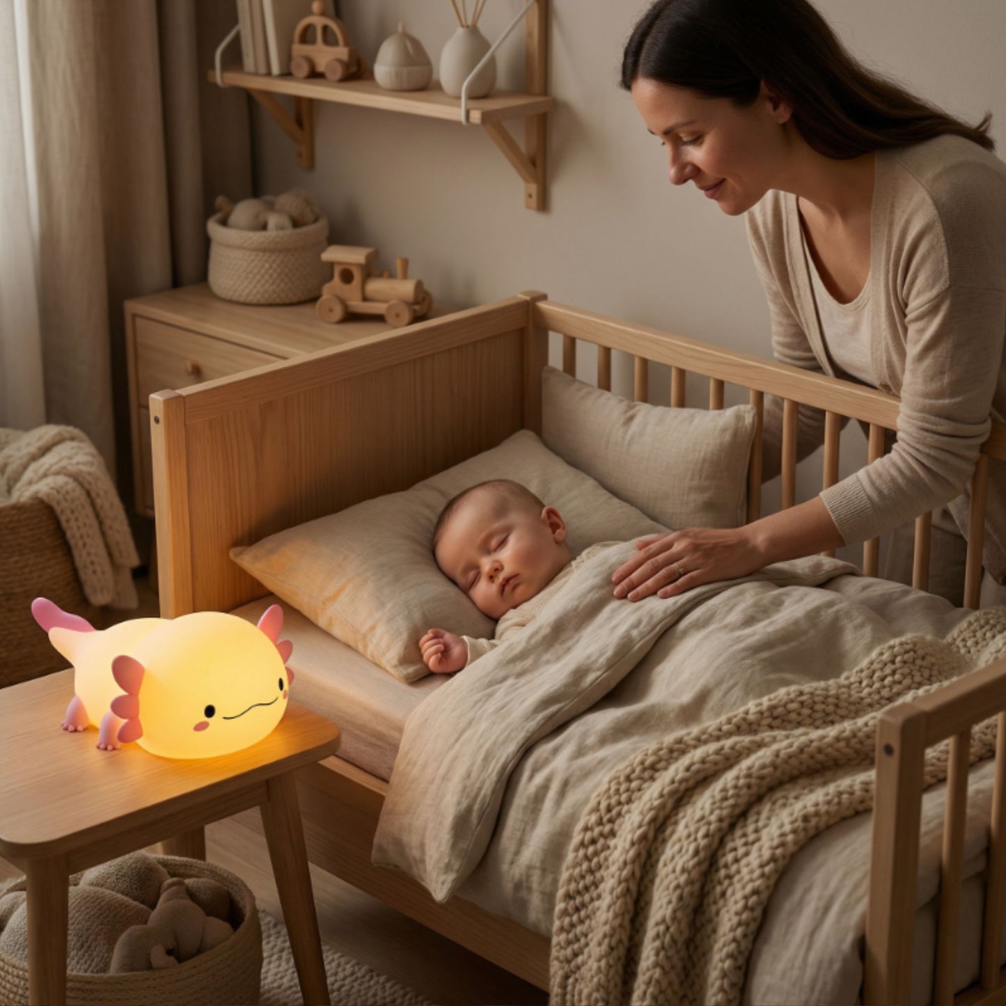 Veilleuse bébé Lumiloo™ en forme d'axolotl rose en silicone doux, LED rechargeable USB-C pour chambre d'enfant