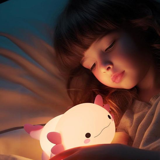 Veilleuse bébé axolotl rechargeable USB-C avec batterie 1200mAh, autonomie jusqu'à 56 heures