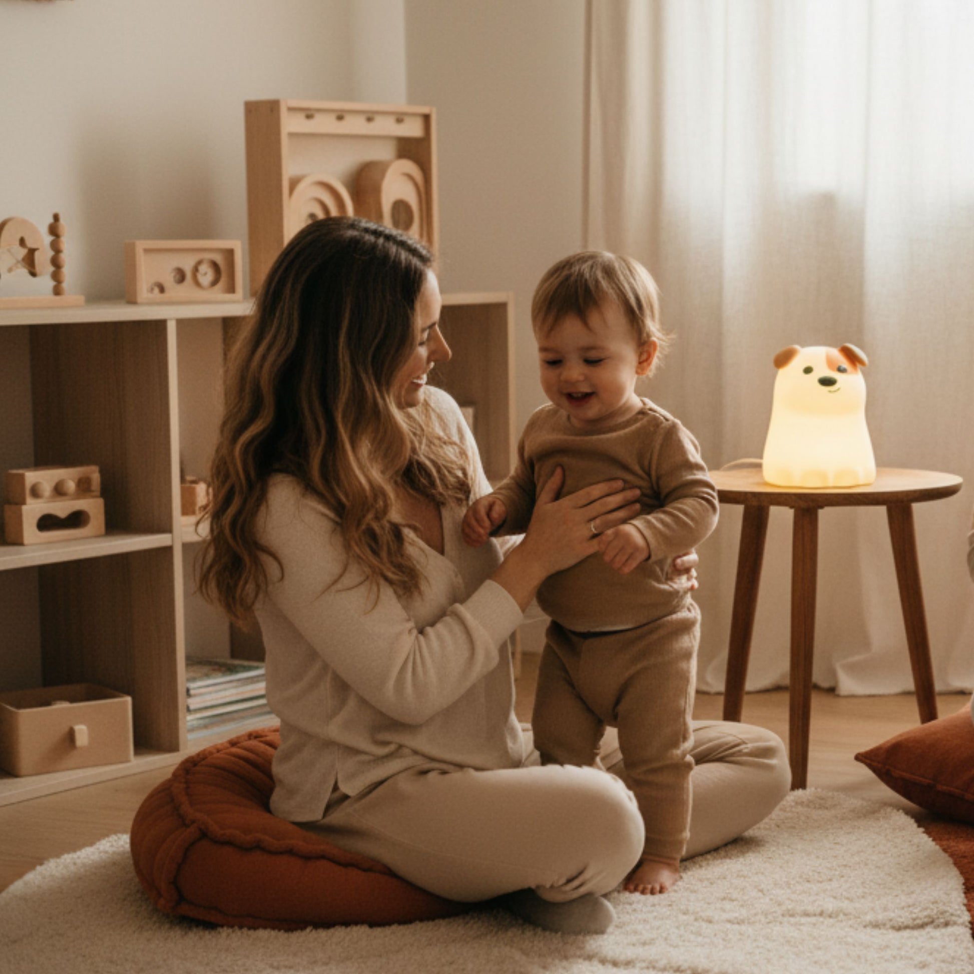 Veilleuse enfant Ouaféclat™ - Maman avec enfant dans le décor de la chambre