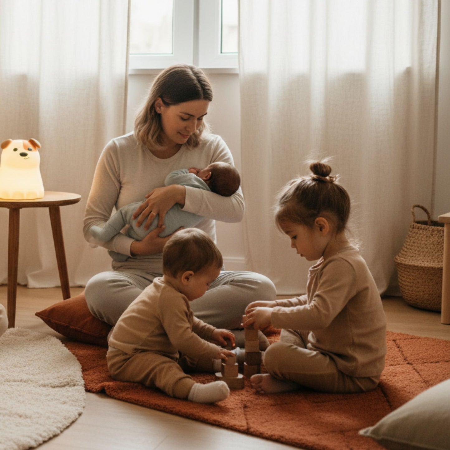 Veilleuse enfant Ouaféclat™ - Enfants et bébé en train de jouer dans le décor