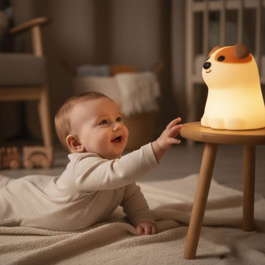 Veilleuse enfant Ouaféclat™ - Bébé qui joue avec la veilleuse chiot en silicone