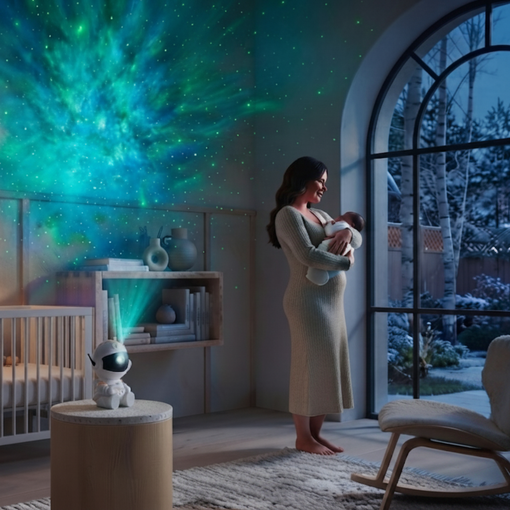 Astronaute projecteur éclairant une chambre à coucher avec une atmosphère relaxante.