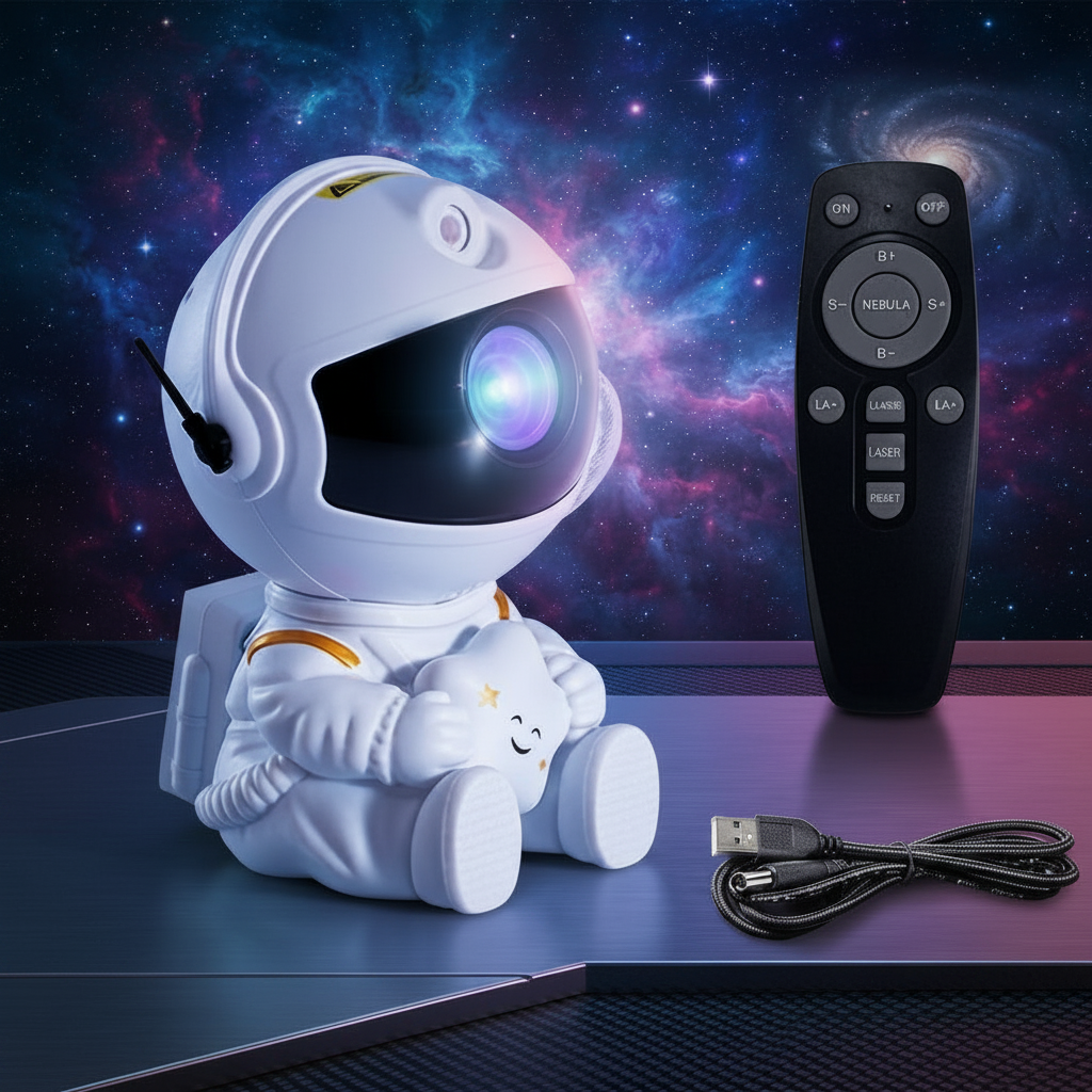 Astronaute projecteur accompagné de sa télécommande et de son câble d'alimentation.