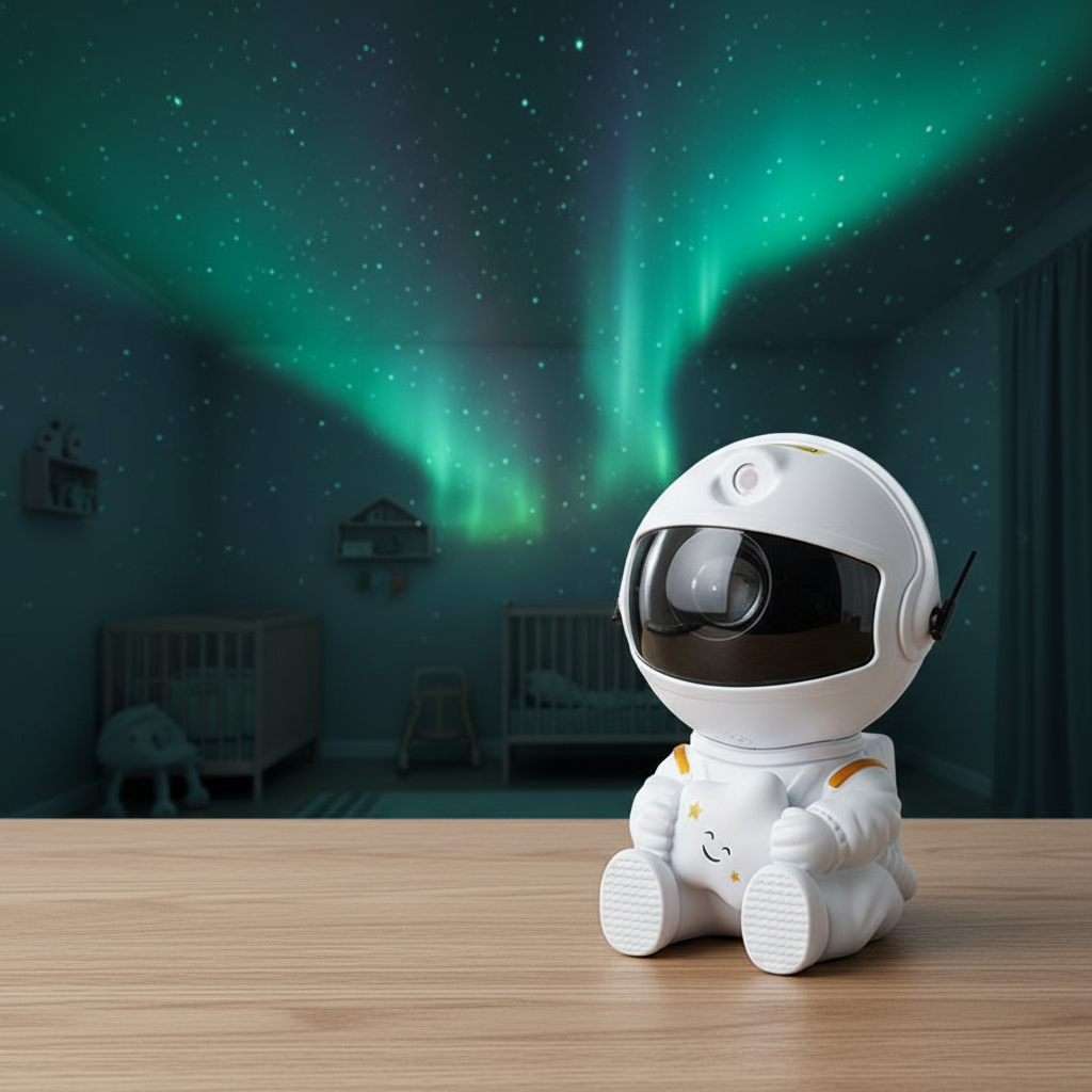 Astronaute projecteur blanc simulant une aurore boréale colorée au plafond.